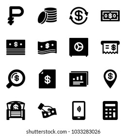 Solid vector icon set - ruble vector, coin, dollar exchange, cash, safe, receipt, money search, account statement, statistics report, pin, chest, pay, mobile payment, calculator