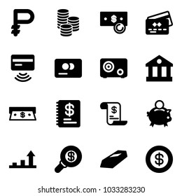 Solid vector icon set - ruble vector, coin, cash, credit card, tap pay, safe, bank, annual report, account history, piggy, growth arrow, search money, gold, dollar