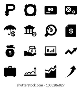 Solid vector icon set - ruble vector, currency, credit card, safe, insurance, account, money search, statement, bag, investment, statistics, growth arrow, case
