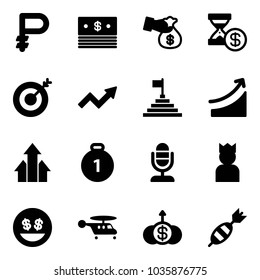 Solid vector icon set - ruble vector, dollar, encashment, account history, target, growth arrow, pyramid flag, rise, arrows up, gold medal, microphone, king, money smile, helicopter, dart