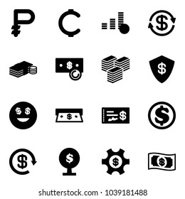 Solid vector icon set - ruble vector, cent, coin, dollar exchange, cash, big, safe, smile, check, reload, money tree, managemet