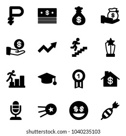 Solid vector icon set - ruble vector, dollar, money bag, investment, growth arrow, career, award, graduate hat, gold medal, home, microphone, first satellite, smile, dart