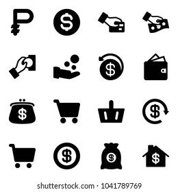 Solid vector icon set - ruble vector, dollar coin, card pay, cash, money back, wallet, purse, cart, basket, reload, bag, home