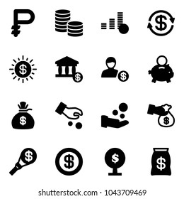 Solid vector icon set - ruble vector, coin, dollar exchange, sun, account, piggy bank, money bag, investment, cash pay, encashment, torch, tree