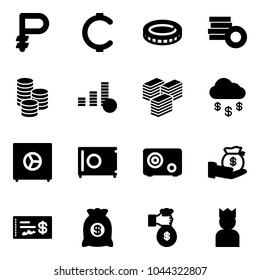 Solid vector icon set - ruble vector, cent, coin, big cash, money rain, safe, investment, check, bag, rich, king