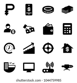 Solid vector icon set - ruble vector, mobile payment, coin, dollar, account, cash pay, wallet, calculator, clock around, growth, target, home, hotel, monitor, wi fi router, pipe welding