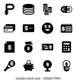 Solid vector icon set - ruble vector, coin, euro dollar, credit card, smile, finance calendar, account statement, money bag, check, calculator, torch, piggy bank, tree, business idea