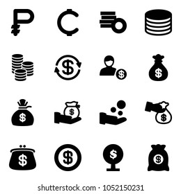 Solid vector icon set - ruble vector, cent, coin, dollar exchange, account, money bag, investment, cash pay, encashment, purse, tree