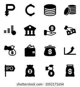 Solid vector icon set - ruble vector, cent, coin, bank, investment, cash pay, encashment, wallet, purse, growth arrow, ipo, money bag, rich
