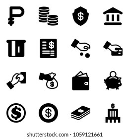 Solid vector icon set - ruble vector, coin, safe, bank, atm, account statement, investment, card pay, cash, encashment, wallet, piggy, dollar, building