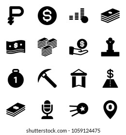 Solid vector icon set - ruble vector, dollar coin, cash, big, investment, winner, gold medal, rock axe, pennant, microphone, first satellite, atm map pin