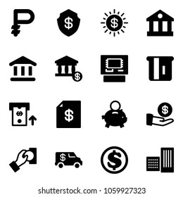 Solid vector icon set - ruble vector, safe, dollar sun, bank, account, atm, statement, piggy, investment, cash pay, encashment car, building