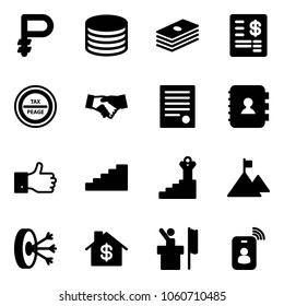 Solid vector icon set - ruble vector, coin, dollar, account statement,  road sign, agreement, contact book, finger up, stairs, success, mountain, solution, home, speaker, identity card