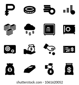 Solid vector icon set - ruble vector, coin, big cash, money rain, safe, investment, check, bag, gold, rich