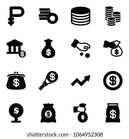 Solid vector icon set - ruble vector, coin, account, money bag, investment, encashment, purse, torch, growth arrow, dollar, tree, rich