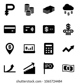 Solid vector icon set - ruble vector, coin, dollar, money rain, credit card, tap pay, bank, pin, account statistics, calculator, growth arrow, ipo