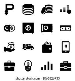 Solid vector icon set - ruble vector, coin, euro dollar, safe, cash, investment, encashment car, wallet, mobile payment, portfolio, business idea, chart, case