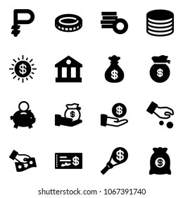 Solid vector icon set - ruble vector, coin, dollar sun, bank, money bag, piggy, investment, cash pay, check, torch