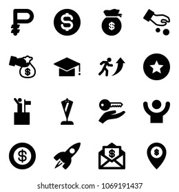 Solid vector icon set - ruble vector, dollar coin, money bag, investment, encashment, graduate hat, career, star medal, win, pennant, key hand, success, rocket, mail, atm map pin