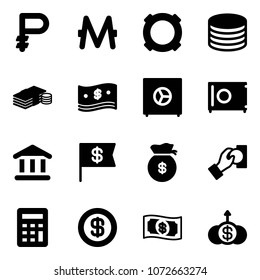 Solid vector icon set - ruble vector, monero, currency, coin, cash, safe, bank, dollar flag, money bag, pay, calculator, growth