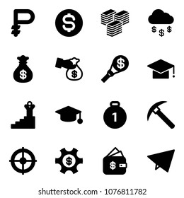 Solid vector icon set - ruble vector, dollar coin, big cash, money rain, bag, encashment, torch, graduate hat, success, gold medal, rock axe, target, managemet, finance management, paper fly