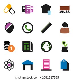 solid vector icon set - ruler vector, atom, coin stack, pills, earth, Railway carriage, support, warehouse, newspaper, server, shield, smart home, flower in pot, building, phone, shopping bag