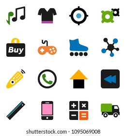 solid vector icon set - ruler vector, music, target, arrow up, any currency, t shirt, roller Skates, gamepad, remote control, mobile phone, social media, backward button, buy, calculator, delivery