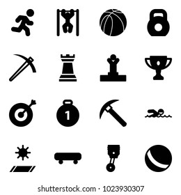 Solid vector icon set - run vector, pull ups, basketball ball, weight, job, chess tower, winner, gold cup, target, medal, rock axe, swimming, mat, skateboard, piston