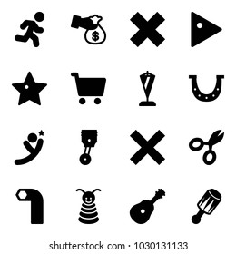 Solid vector icon set - run vector, encashment, delete cross, play, star, cart, pennant, luck, flying man, piston, scissors, allen key, pyramid toy, guitar, beanbag