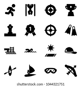 Solid vector icon set - run vector, pull ups, target, cup, winner, gold medal, flippers, pool, swimming, mat, cap, kayak, windsurfing, protective glasses, bow