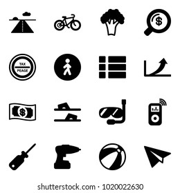 Solid vector icon set - runway vector, bike, broccoli, money search, tax peage road sign, pedestrian way, menu, growth arrow, flip flops, diving, music player, screwdriver, drill, beach ball
