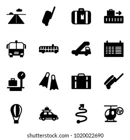 Solid vector icon set - runway vector, suitcase, baggage, airport bus, trap truck, schedule, scales, flippers, air balloon, car, trip, helicopter toy
