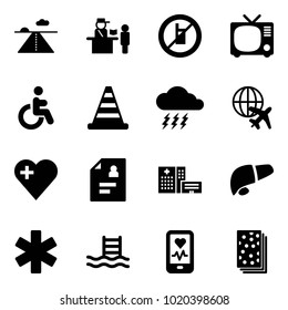Solid vector icon set - runway vector, passport control, no mobile sign, tv, disabled, road cone, storm, plane globe, heart, patient card, hospital building, liver, ambulance star, pool, monitor