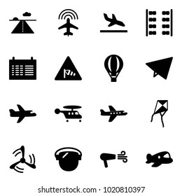 Solid vector icon set - runway vector, plane radar, arrival, seats, schedule, side wind road sign, air balloon, paper fly, helicopter, kite, mill, protect glass, dryer, toy