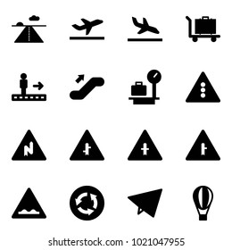 Solid vector icon set - runway vector, departure, arrival, baggage, travolator, escalator up, scales, traffic light road sign, abrupt turn right, intersection, rough, circle, paper fly, air balloon