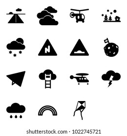 Solid vector icon set - runway vector, clouds, helicopter, christmas landscape, snowfall, abrupt turn right road sign, artificial unevenness, moon flag, paper fly, cloud ladder, storm, rain, rainbow
