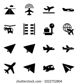 Solid vector icon set - runway vector, plane radar, departure, small, helicopter, seats, baggage scales, globe, paper, fly, toy