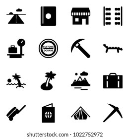 Solid vector icon set - runway vector, passport, duty free, plane seats, baggage scales, customs road sign, rock axe, lounger, palm, mountains, suitcase, tent