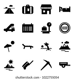 Solid vector icon set - runway vector, suitcase, duty free, hotel, trap truck, schedule, baggage scales, customs road sign, beach, lounger, palm, mountains, pyramid, axe, trailer
