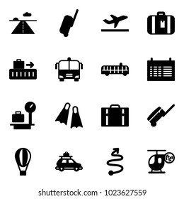 Solid vector icon set - runway vector, suitcase, departure, baggage, airport bus, schedule, scales, flippers, air balloon, car, trip, helicopter toy