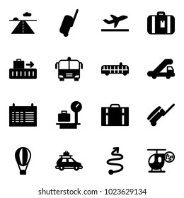 Solid vector icon set - runway vector, suitcase, departure, baggage, airport bus, trap truck, schedule, scales, air balloon, car, trip, helicopter toy