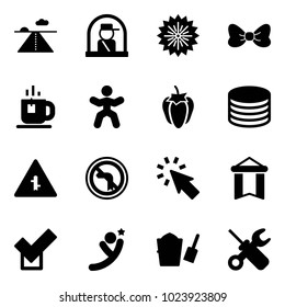 Solid vector icon set - runway vector, officer window, firework, bow, tea, gymnastics, sweet pepper, coin, intersection road sign, no left turn, cursor, pennant, check, flying man, bucket scoop
