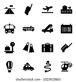 Solid vector icon set - runway vector, suitcase, departure, baggage, airport bus, trap truck, schedule, scales, flippers, air balloon, car, trip, helicopter toy