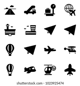 Solid vector icon set - runway vector, trap truck, baggage scales, plane globe, airport building, paper, fly, air balloon, helicopter, toy