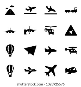 Solid vector icon set - runway vector, departure, arrival, baggage truck, plane, boarding passengers, helicopter, airport road sign, air balloon, paper fly, toy
