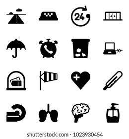 Solid vector icon set - runway vector, taxi, 24 hours, automatic doors, insurance, phone alarm, trash, notebook connect, side wind, heart, thermometer, mri, lungs, brain, liquid soap