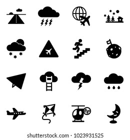 Solid vector icon set - runway vector, storm, plane globe, christmas landscape, snowfall, airport road sign, career, moon flag, paper fly, cloud ladder, rain, kite, helicopter toy, lamp