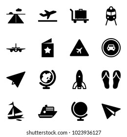 Solid vector icon set - runway vector, departure, baggage, train, plane, star postcard, airport road sign, no car, paper, globe, rocket, flip flops, sail boat, cruiser