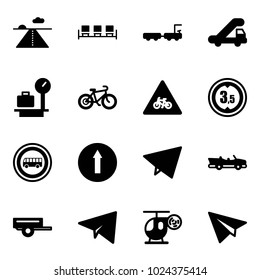 Solid vector icon set - runway vector, waiting area, baggage truck, trap, scales, bike, road for moto sign, limited height, no bus, only forward, paper fly, cabrio, trailer, plane, helicopter toy