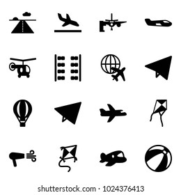 Solid vector icon set - runway vector, arrival, boarding passengers, small plane, helicopter, seats, globe, paper fly, air balloon, kite, dryer, toy, beach ball